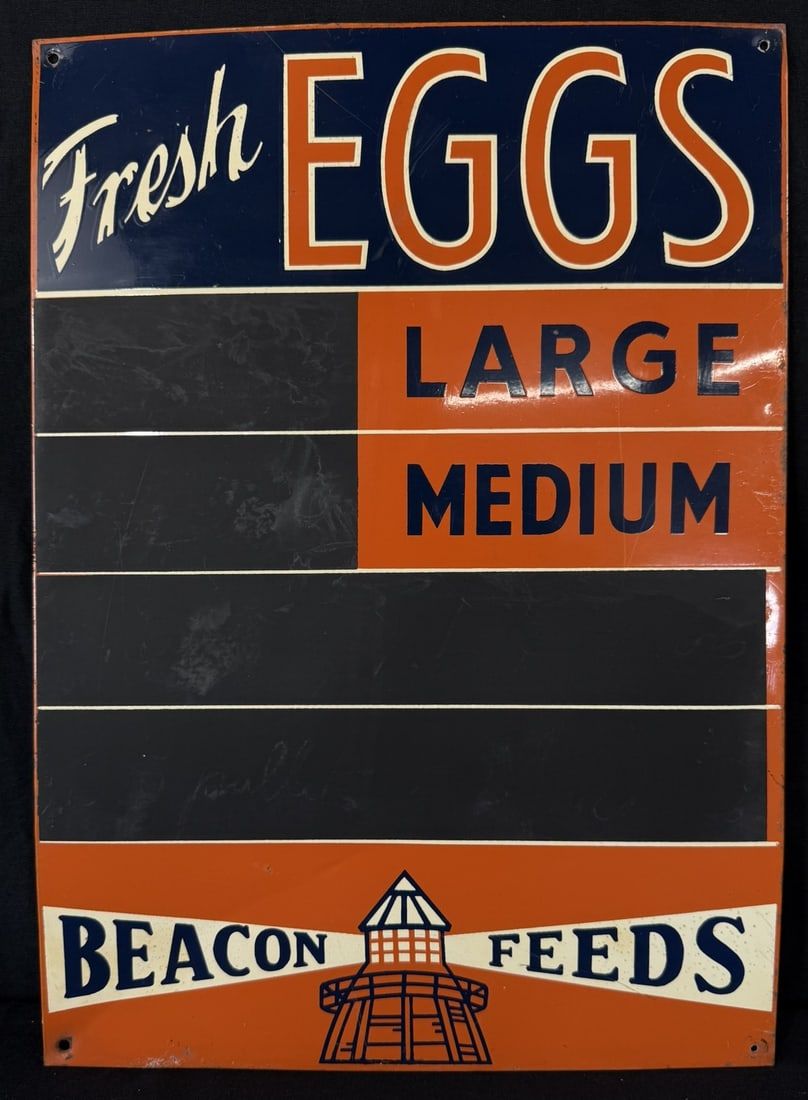 Lot 391: Fresh Eggs Beacon Feeds SST Painted Metal Chalkboard Sign