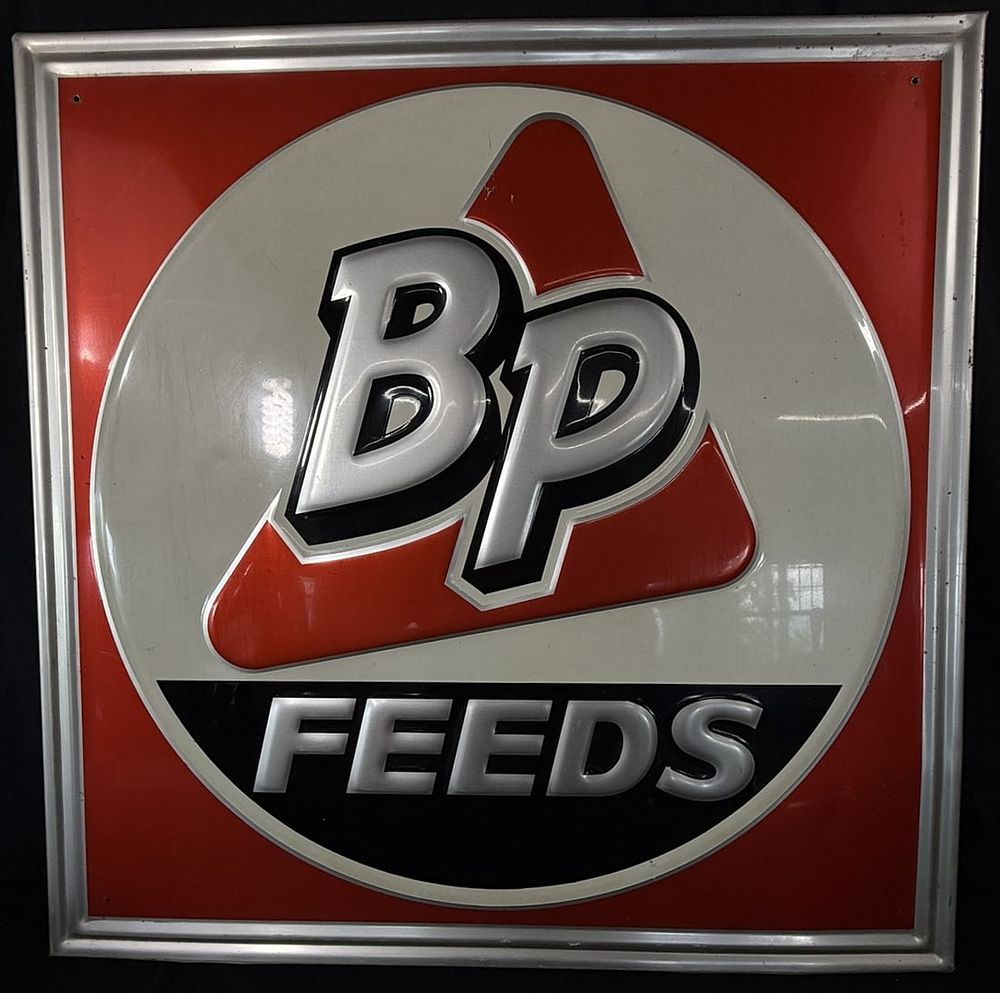 Lot 393: BP Feeds SST Tin Embossed Self Framed Farm Advertising Sign