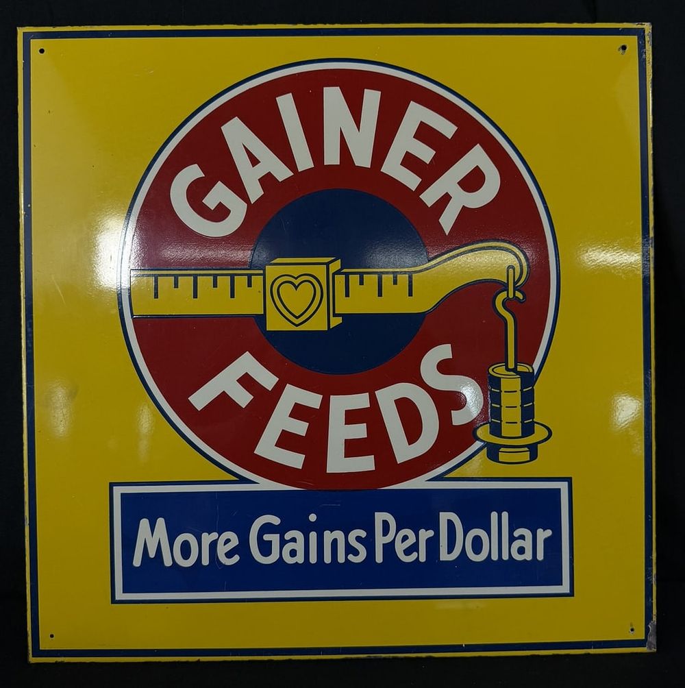 Lot 396: Gainer Feeds More Gains Per Dollar Painted Metal Farm Sign