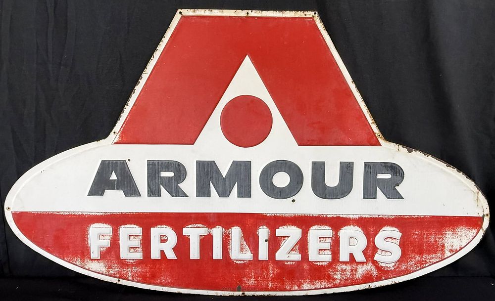 Lot 409: 1953 Armour Fertilizer SST Tin Embossed Diecut Farm Sign
