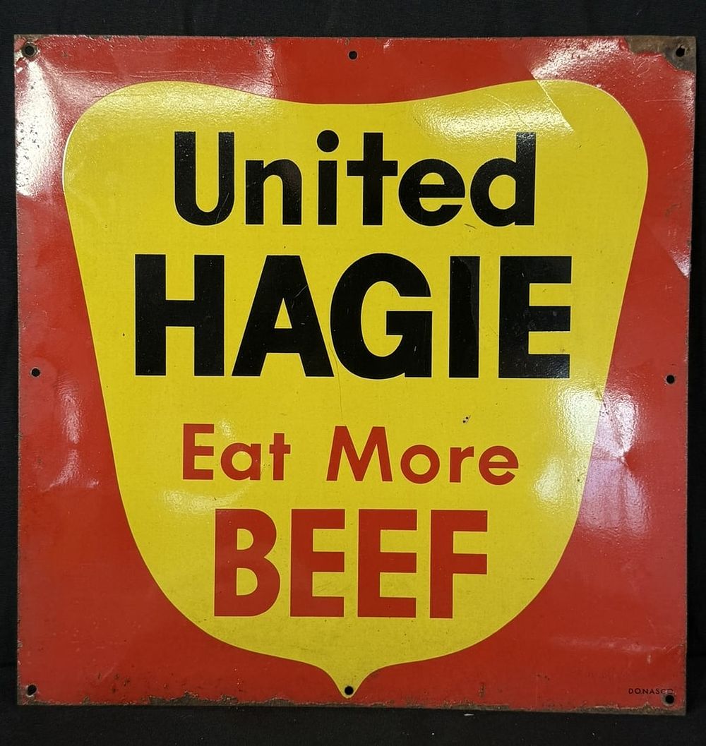 Lot 438: United Hagie Eat More Beef SST Painted Tin Farm Sign