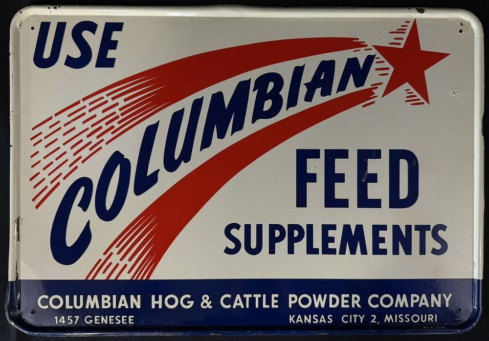 Lot 440: Use Columbian Feed Supplements Hog Cattle SST Tin Farm Sign