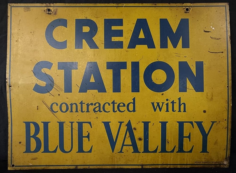 Lot 444: Blue Valley DST Painted Metal Cream Station Farm Sign