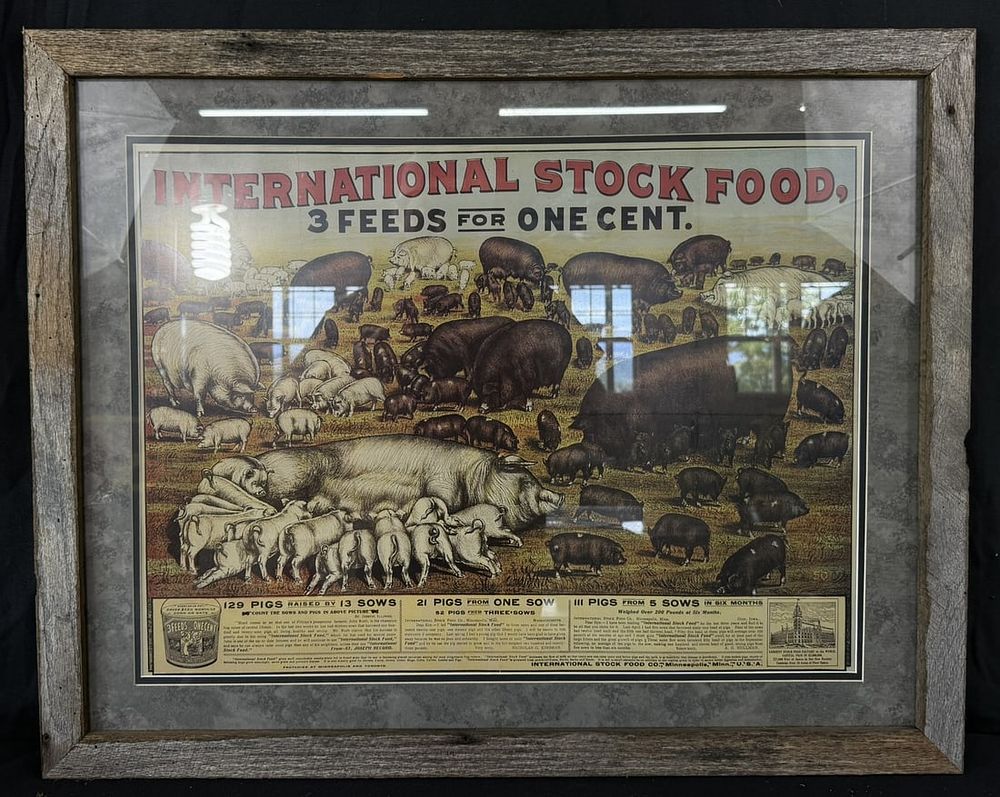 Lot 445: International Stock Food 3 Feeds 1 Cent Framed Paper Sign