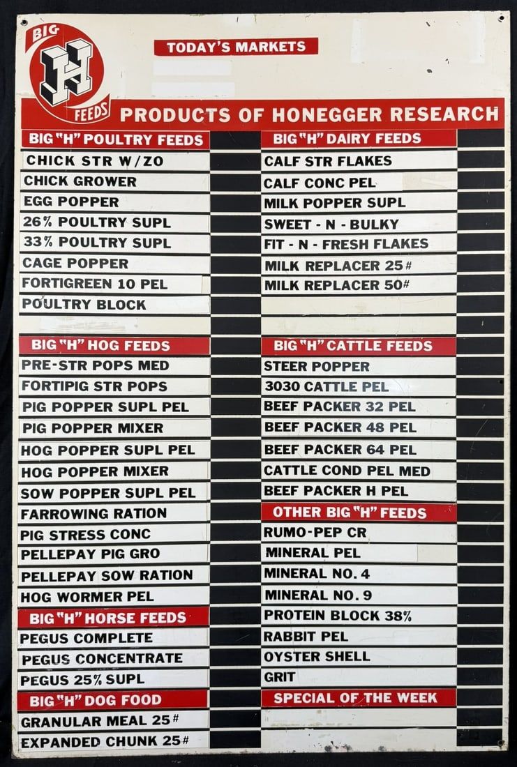 Lot 463: Big H Feeds Honegger SST Painted Tin Metal Feed Mill Sign