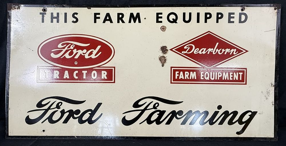 Lot 487: Ford Tractor Dearbor Farm Equipment SST Tin Rack Topper Sign