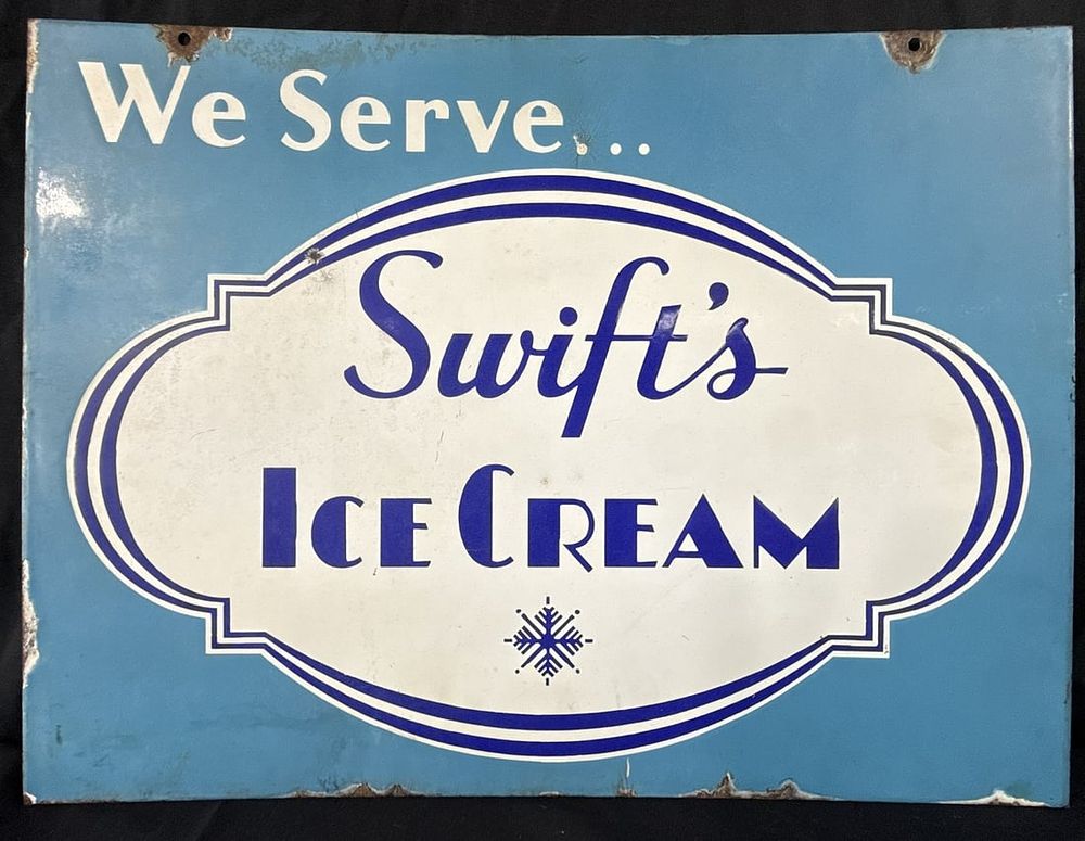 Lot 495: We Serve Swift's Ice Cream DSP Porcelain Hanging Store Sign