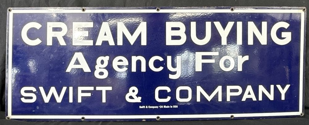 Lot 498: Cream Buying Agency Swift & Co SSP Porcelain Dairy Farm Sign