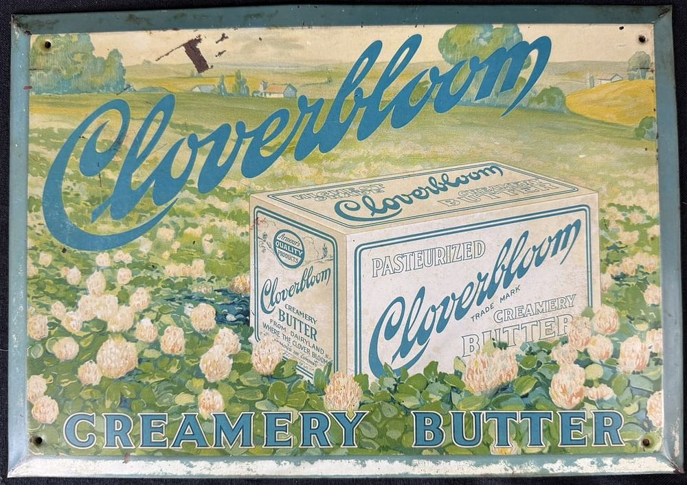 Lot 503: Cloverbloom Creamery Butter SST Tin Over Cardboard Farm Sign