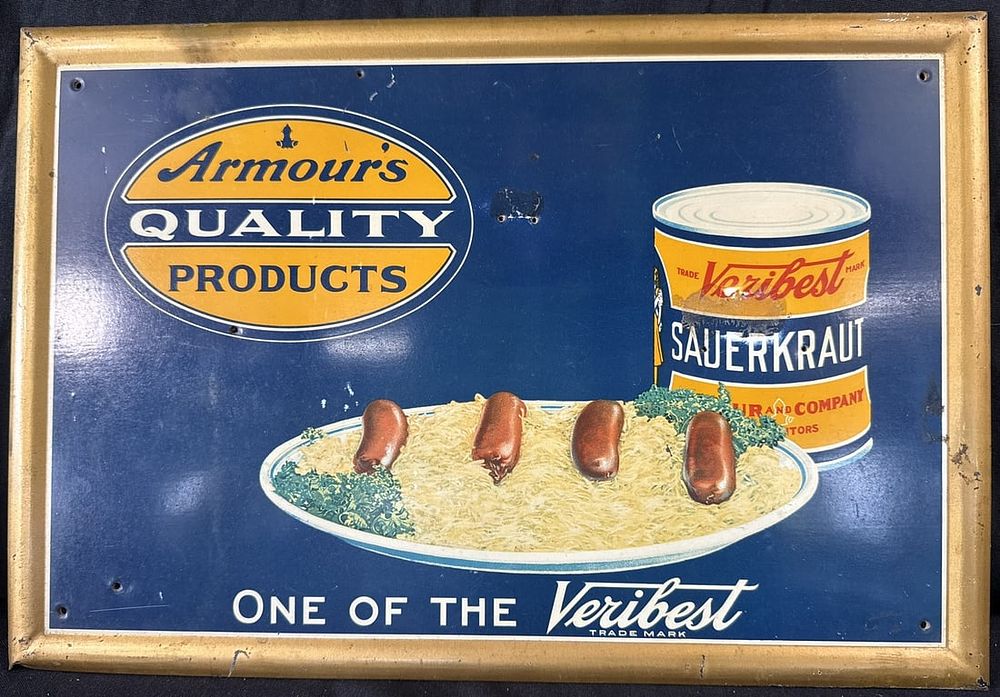 Lot 514: Armour's Veribest Sauerkraut Tin Over Cardboard 1920s Sign