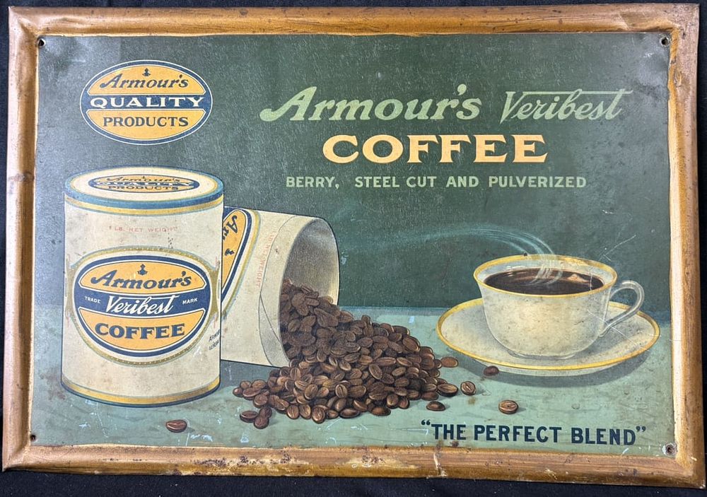 Lot 516: Armours Veribest Coffee Perfect Blend TOC Tin Cardboard Sign