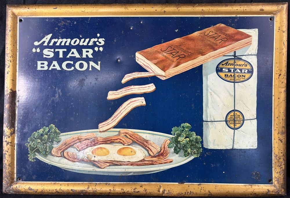 Lot 517: Armour's Star Bacon TOC Tin Over Cardboard Store Sign