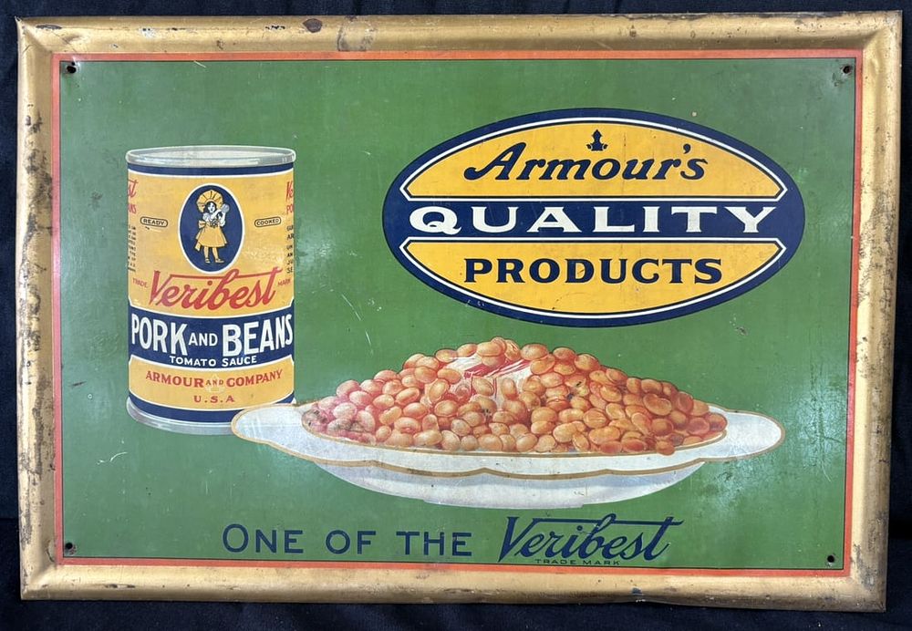 Lot 518: Armour's Veribest Pork & Beans TOC Tin Cardboard Store Sign