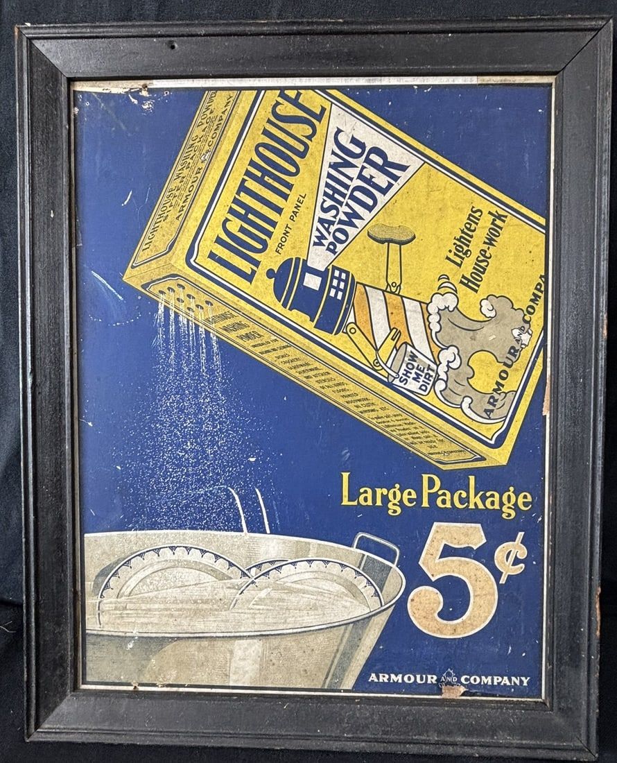 Lot 522: Lighthouse Washing Powder 5 Cent Cardboard Armour Sign