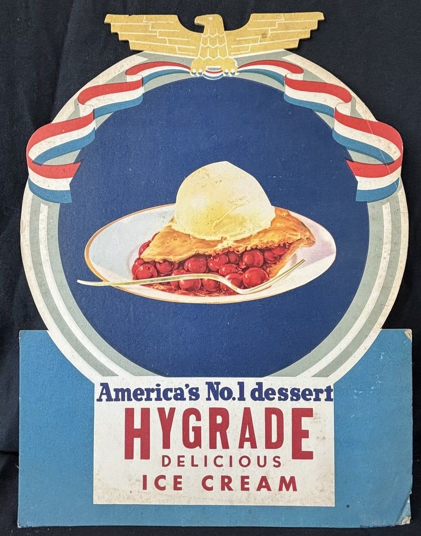 Lot 523: Hygrade Delicious Ice Cream Diecut Cardboard 1940s Sign