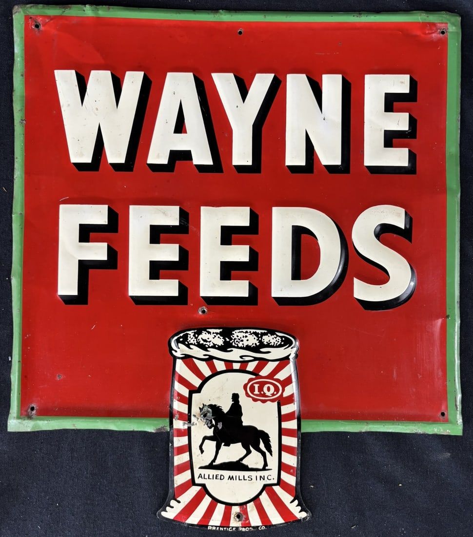 Lot 524: Wayne Feeds SST Tin Embossed Farm Advertising Sign