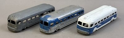 Lot 3 6" 1950s Tootsie Toy Greyhound Line Buses. Please make sure you view all photos and ask 