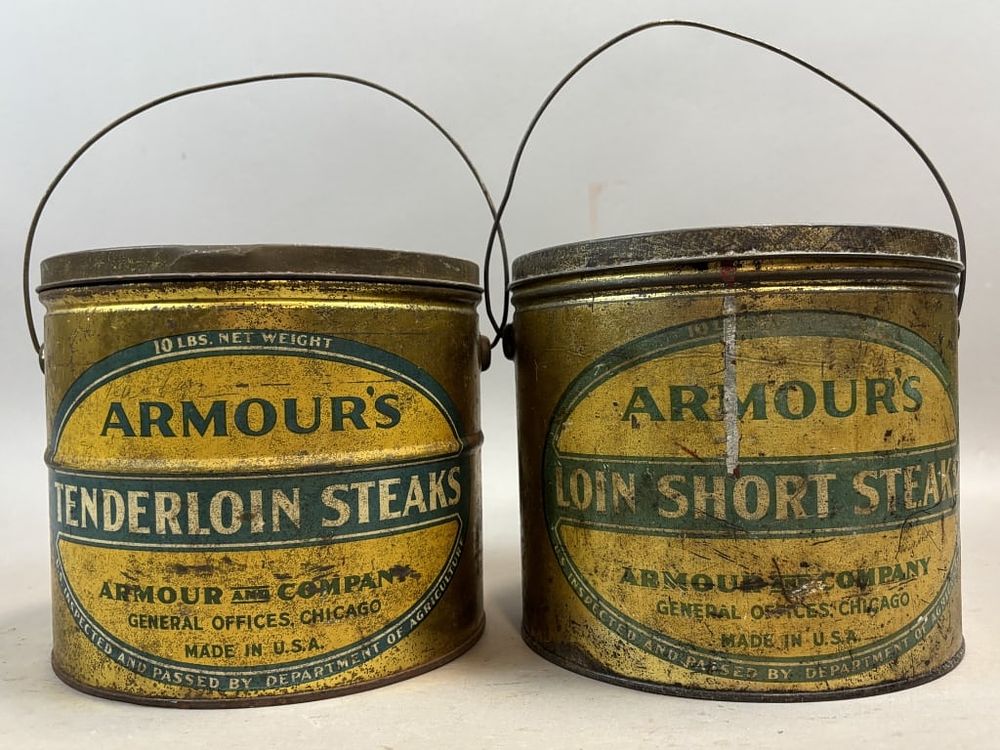 Lot 217: Pair Armour's 10lb Tenderloin Steaks Tin Buckets