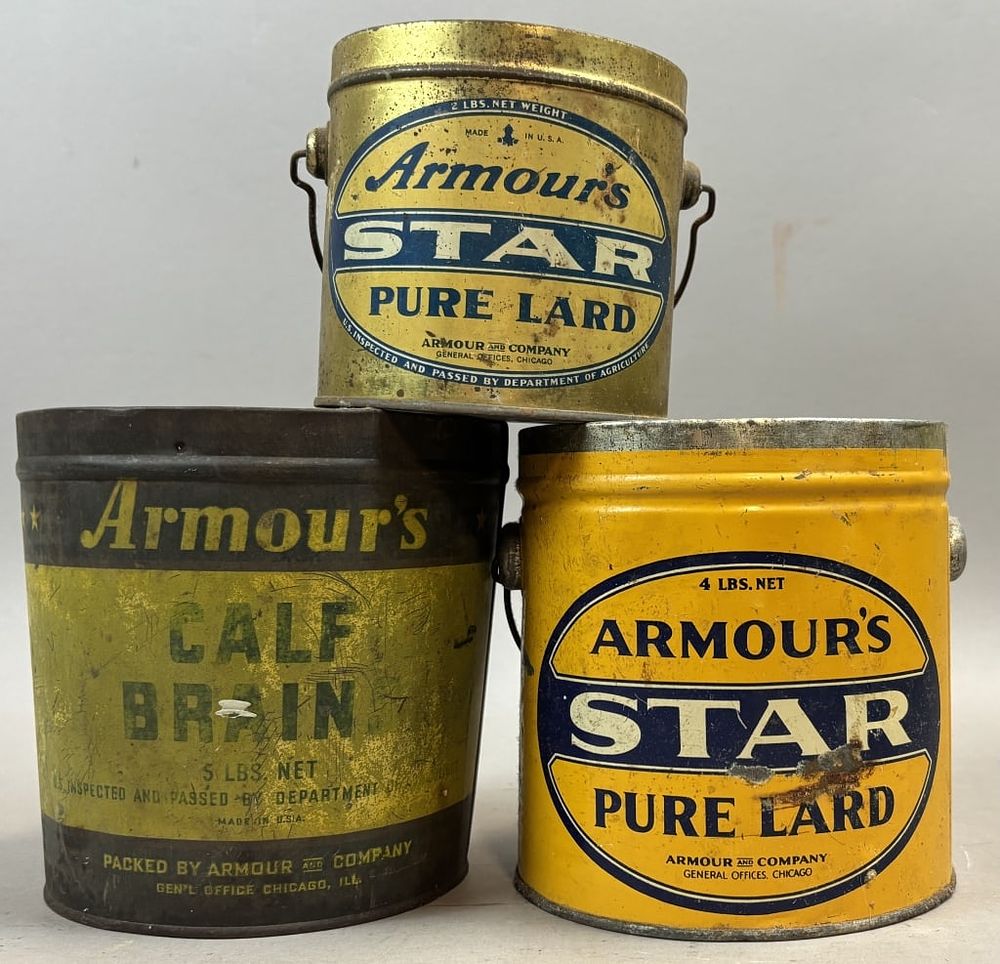 Lot 221: Lot of 3 Armour's 2, 4, 5lb Lard & Calf Brain Tins