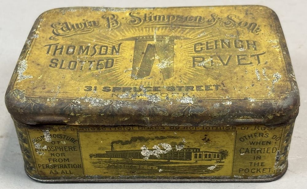 Lot 226: Edwin B Stimpson & Son Clinch Rivet Tin