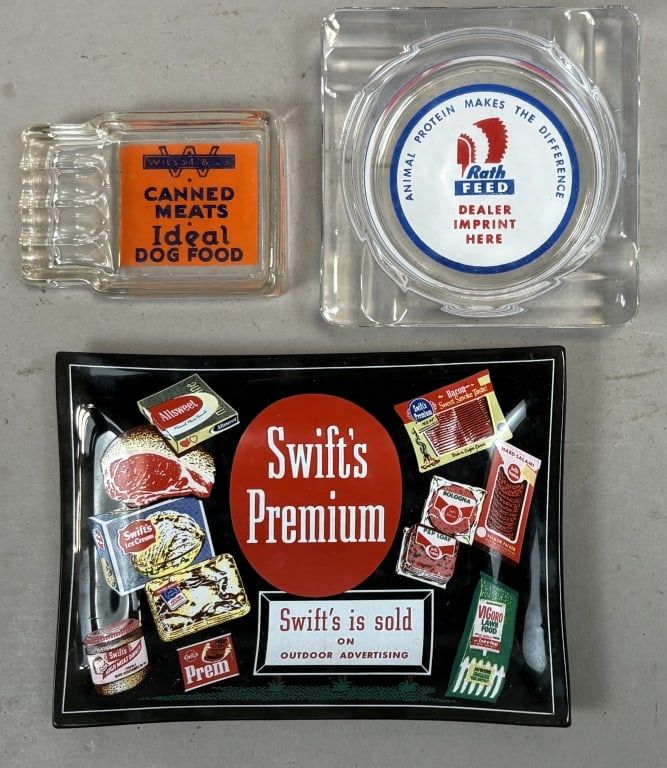Lot 245: 3 Wilson & Co, Swift's, & Rath Feed Ashtrays