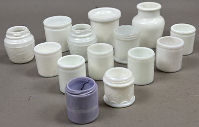 Lot of 14 Armour's Cold Cream Milk Glass Jars. Please make sure you view all photos and ask any 