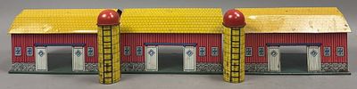 Antique Lot 3 Tin Litho Metal Barns & 2 Silos Toys. Please make sure you view all photos and ask 