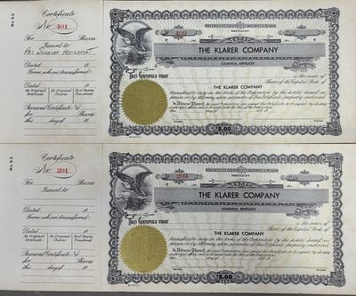 Pair The Klater Company Share Certificates. Please make sure you view all photos and ask any 