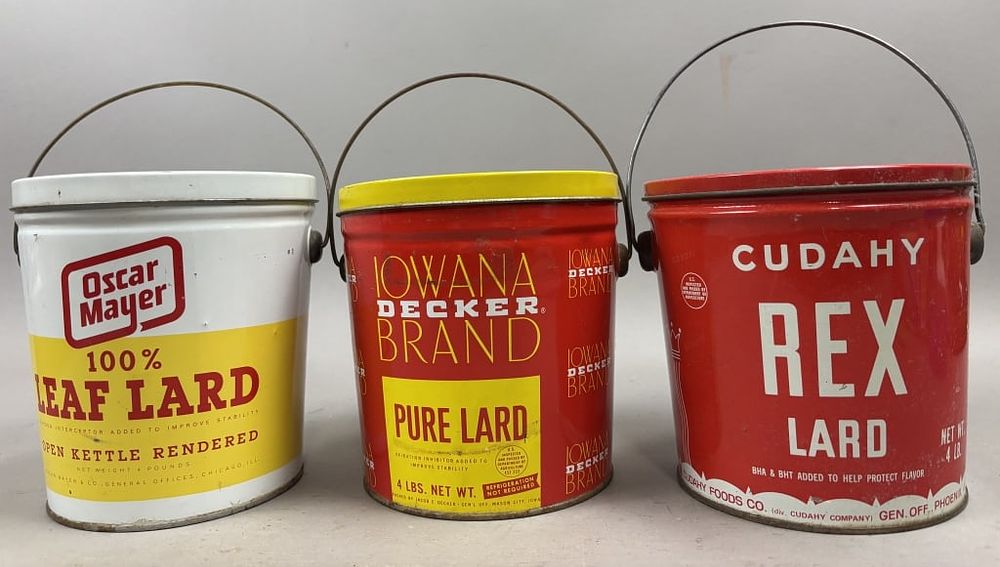 Lot 366: Lot of 3 Lard 4lb Buckets w/ Handles Oscar Mayer, Iowans Decker, Cudahy Rex Brands