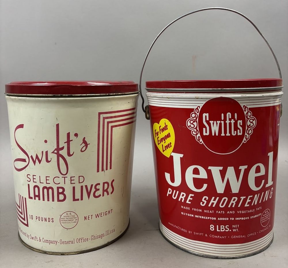 Lot 386: Swift's 8 & 10lb Tin Buckets Livers & Shortening