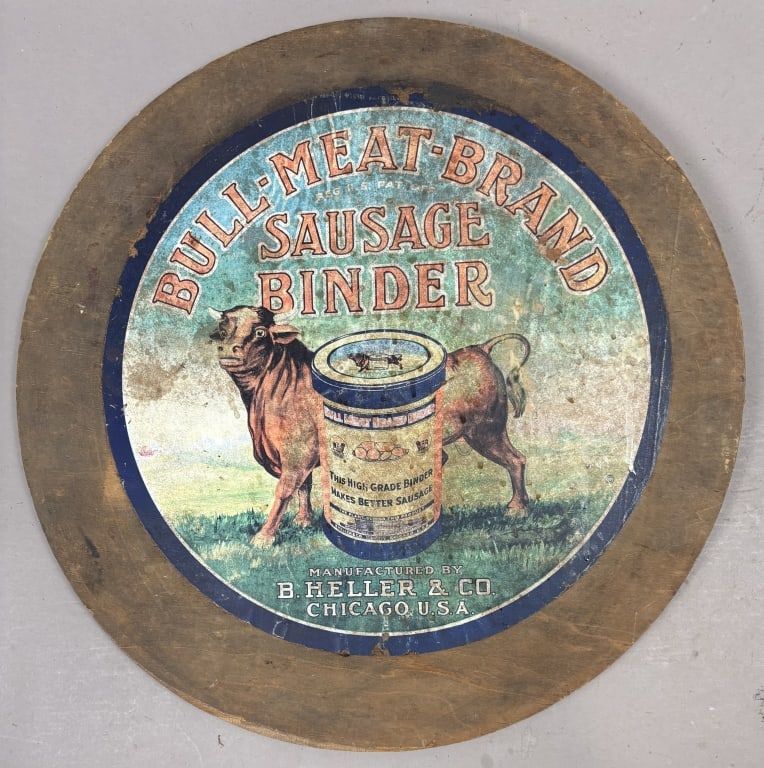 Lot 409: Bull-Meat-Brand Sausage Binder Wood Sign