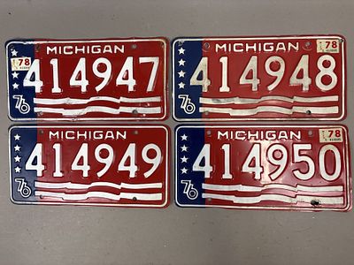 4 1976-78 Consecutive Michigan License Plates. See all photos as a better idea of condition. 