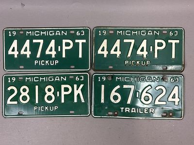 Lot 4 1963 Pickup Trailer Michigan License Plates. See all photos as a better idea of condition. 