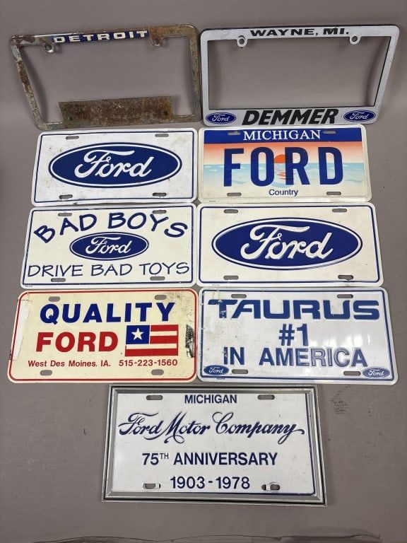 Lot 204: Lot of 9 Ford Motor Co License Plates & Frames