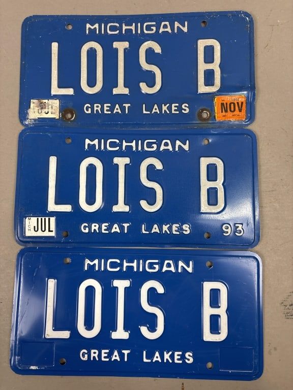 Lot 207: Lot of 3 Michigan Lois B Personalized License Plates