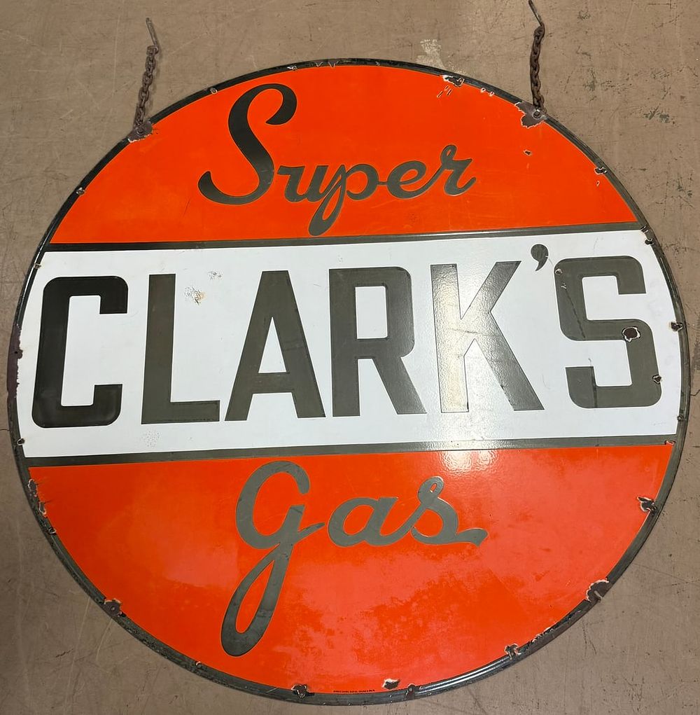 Lot 300C: Clark's Super Gas 6' Porcelain Gas Station Advertising Sign