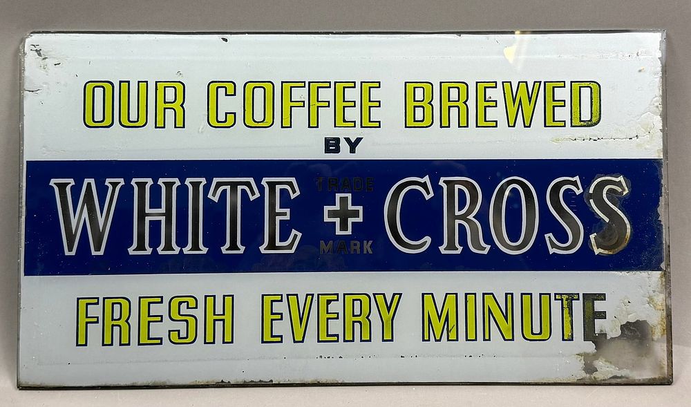 Lot 363B: White Cross Coffee Brewed Reverse Painted Glass Sign