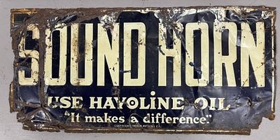 SOUND HORN 1920s Havoline Oil Embossed Gas Sign. Great original well worn USE HAVOLINE OIL sign. 