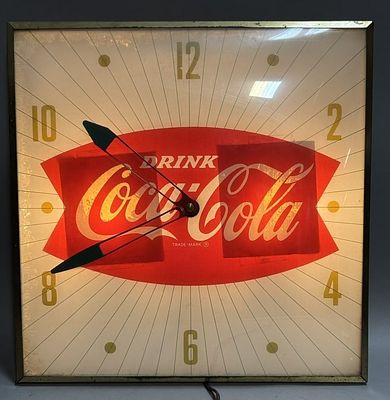 Original Coca Cola Pam Lighted Fishtail Clock. Great original Pam lighted advertising clock. 