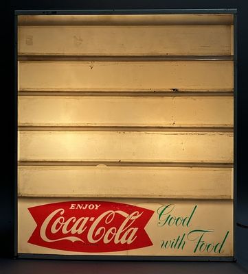 Coca Cola Fishtail Good w/ Food Lighted Bar Sign. Great original plastic and metal sign. 18" 