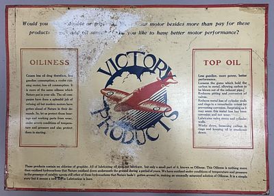 40s Victory Products SST Airplane Oil Can Sign EX+. Talk about a scarce amd rare original sign. 
