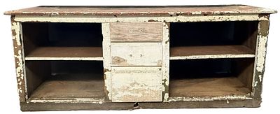 Antique Red Milk Painted Primitive Drawer Cabinet. 80" wide x 20" deep x 32" tall - no back 