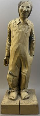 Whimsical 24" Folk Art Hand Carved Farmer Statue. 24" tall x 8" wide - great original blue paint 