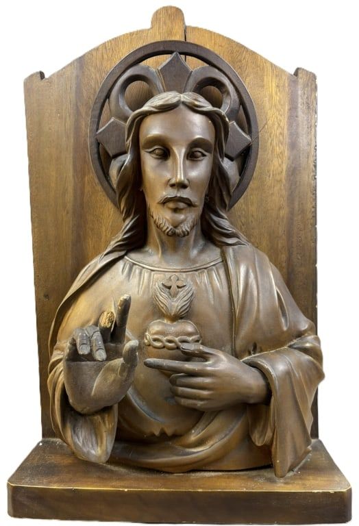 Lot 227: Antique Jesus Christ Carved Sacred Heart 2' Statue