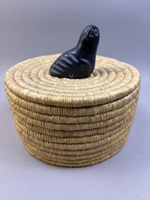 Lot 274: Inuit Basket with Soapstone Bird Carving