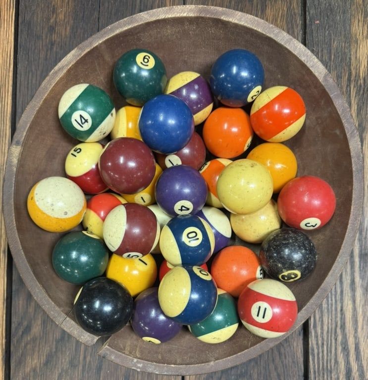 Lot 290: Primitive Wooden Bowl w/ 34 Billiard Pool Balls