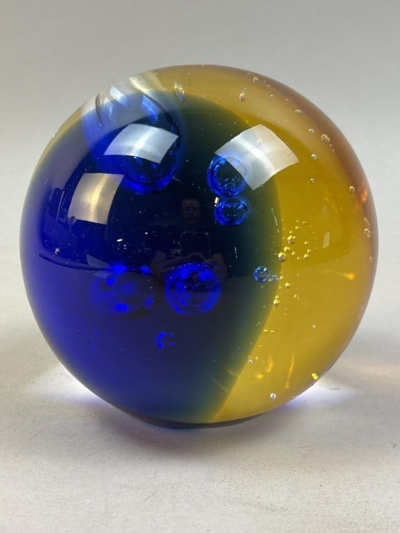 Lot 319: 4.5" Bubble Blue Amber Sphere Glass Paperweight