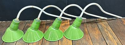 Lot 4 40s Gas Station Green Porcelain Lamp Shades. Great original lot of 4, Measurements in 