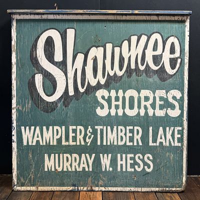 Shawnee Shores Wampler Timber Blake Wood 50s Sign. Great original 4'x 4' double sided painted 