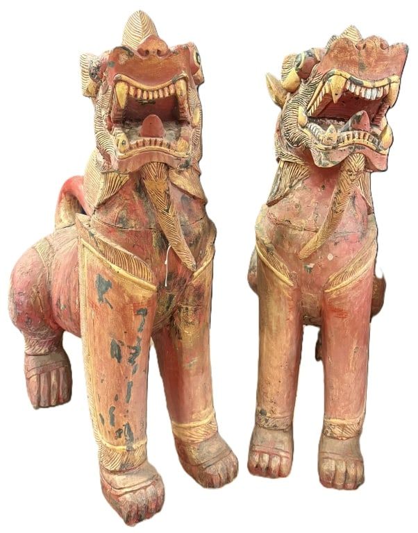 Lot 375: 1800s Pair Tibetan Painted Wood Foo Dragons RARE